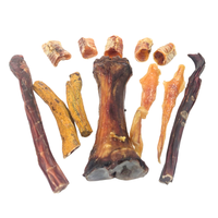 A set of natural dog treats and bones arranged on a plain white background, including a large central bone, with Steer pizzles holiday steer bulle and trachea pieces pieces.