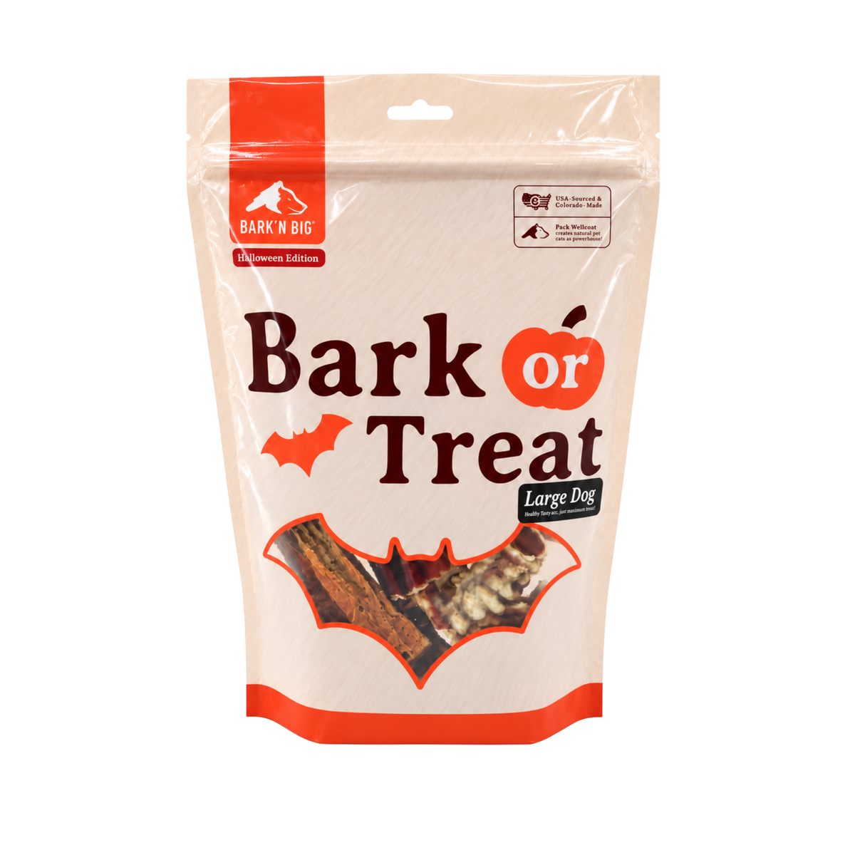 A stand-up pouch of Bark N' Big 'Bark or Treat' Halloween treats for large dogs, featuring a cream background with orange accents and a window showing the treats inside.